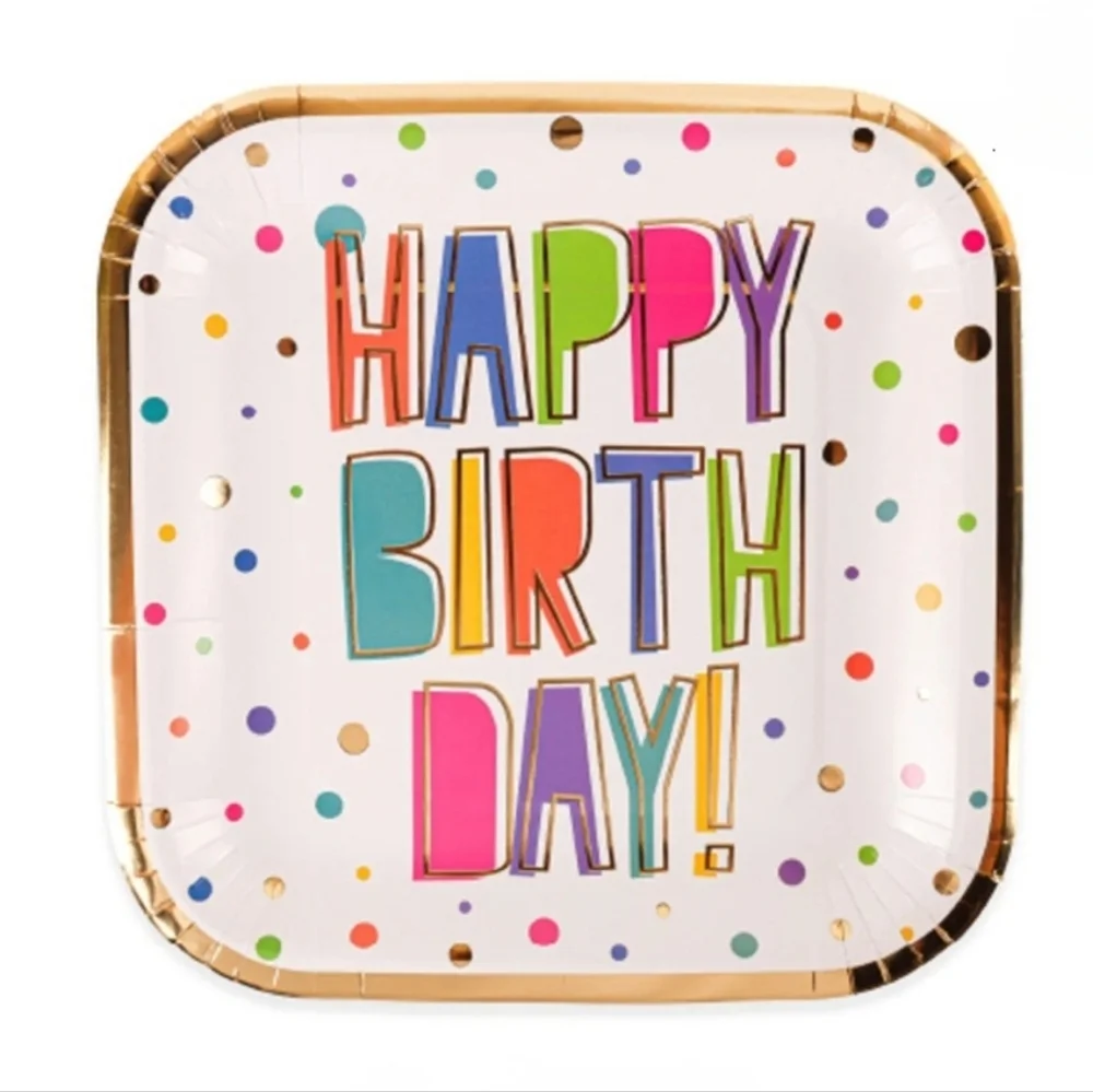 321 Party! Happy Birthday Foil Rainbow Square Party Plates 8 ct